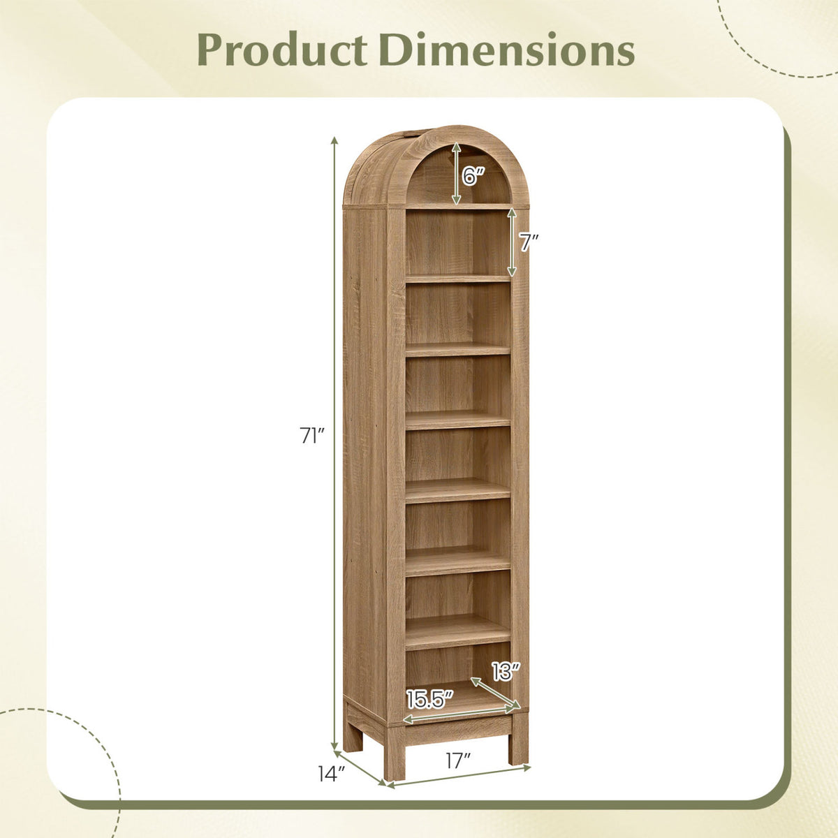 8-Tier Arch Bookshelf with Adjustable Shelves - Natural