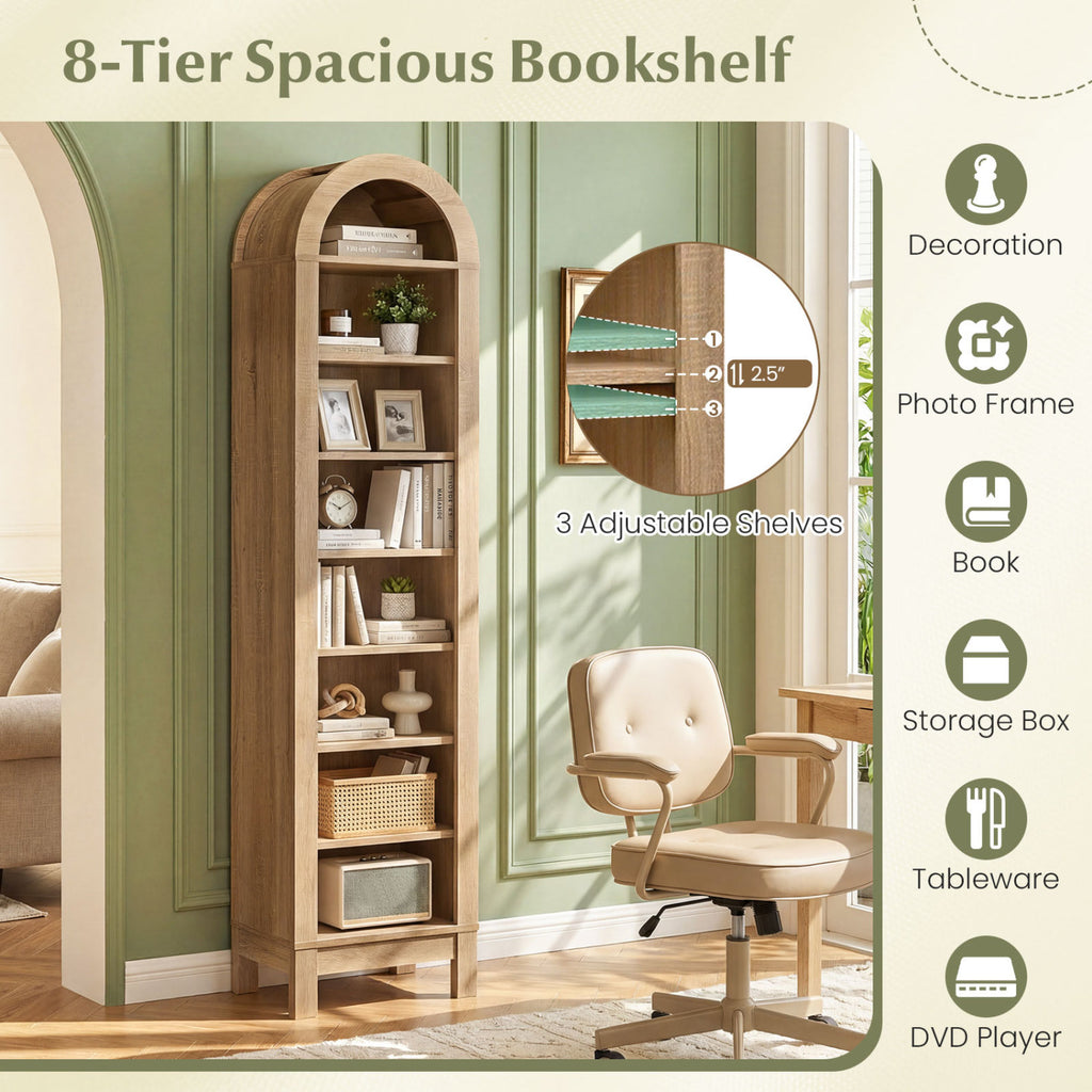 8-Tier Arch Bookshelf with Adjustable Shelves - Natural