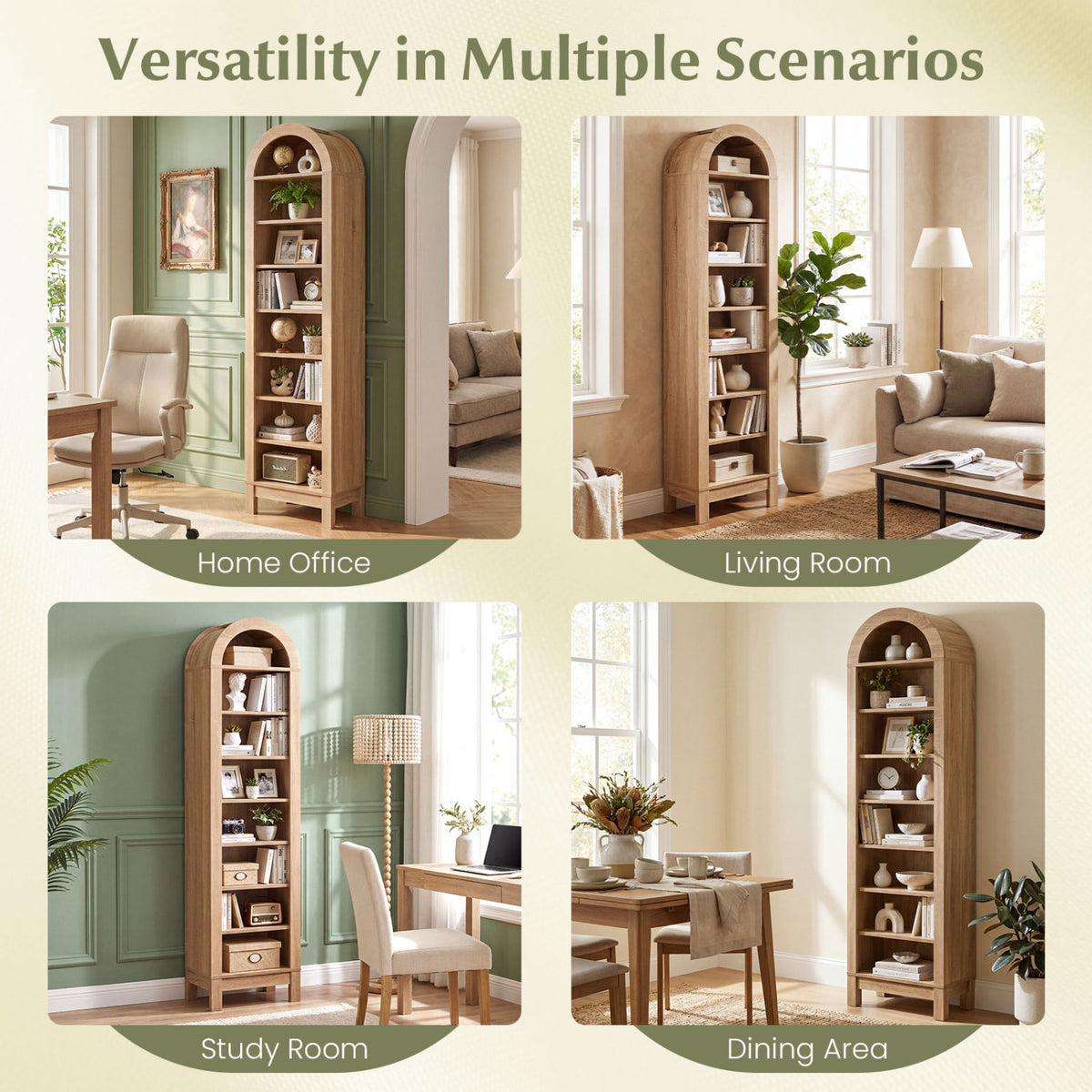 8-Tier Arch Bookshelf with Adjustable Shelves - Natural