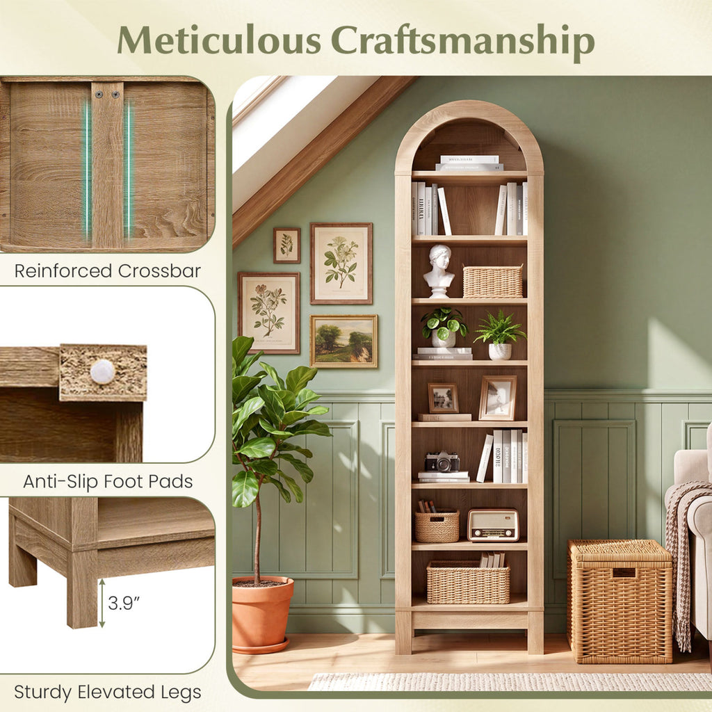 8-Tier Arch Bookshelf with Adjustable Shelves - Natural