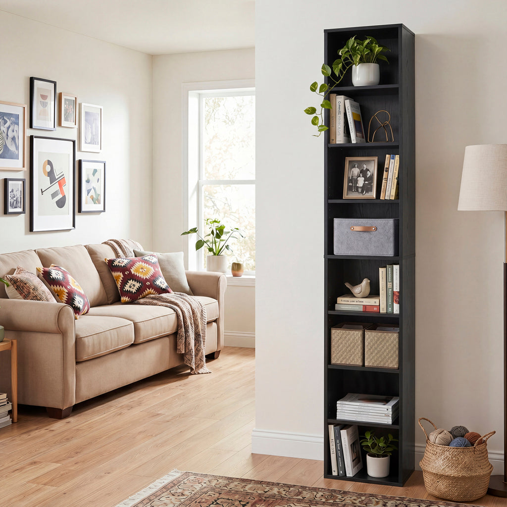 8-Tier Bookshelf with Adjustable Shelves and Storage Cubes - Black