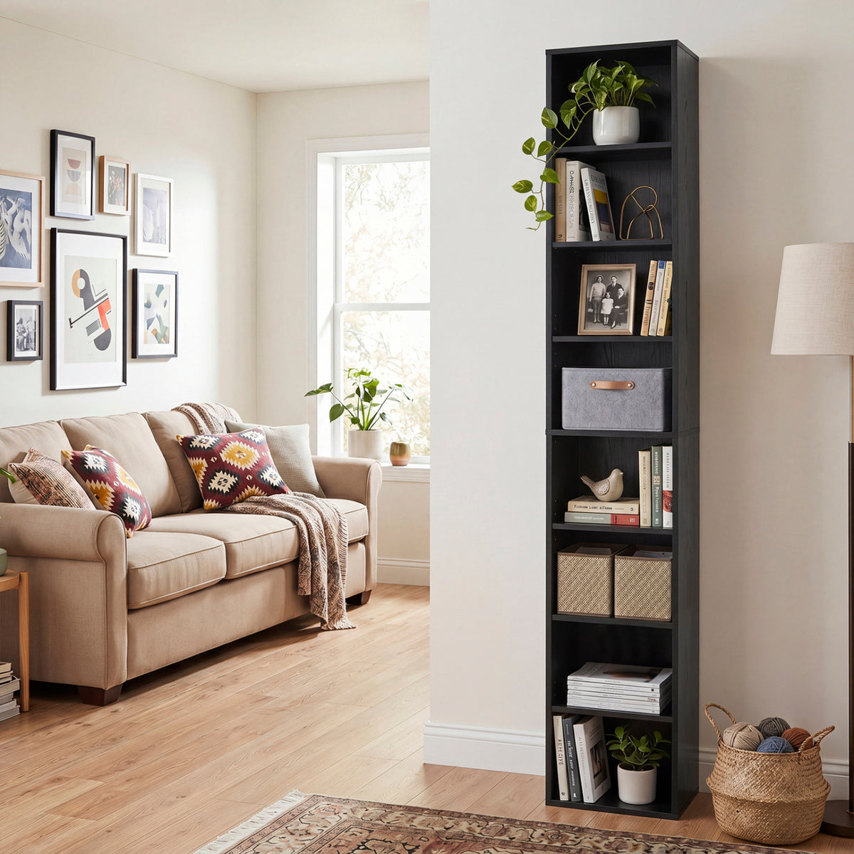 8-Tier Bookshelf with Adjustable Shelves and Storage Cubes - Black