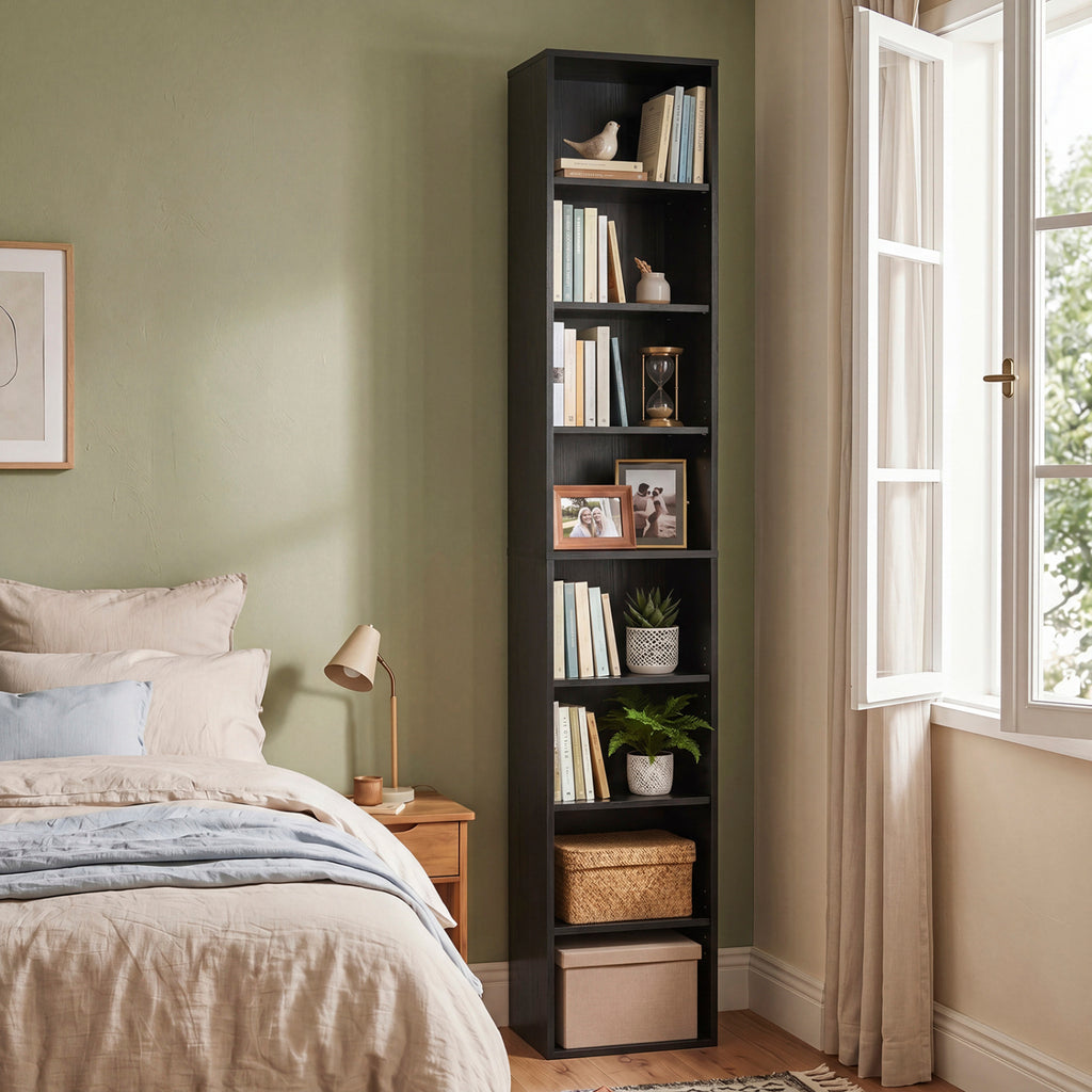 8-Tier Bookshelf with Adjustable Shelves and Storage Cubes - Black
