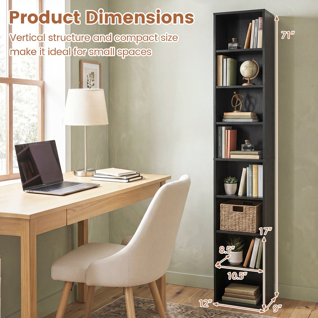 8-Tier Bookshelf with Adjustable Shelves and Storage Cubes - Black
