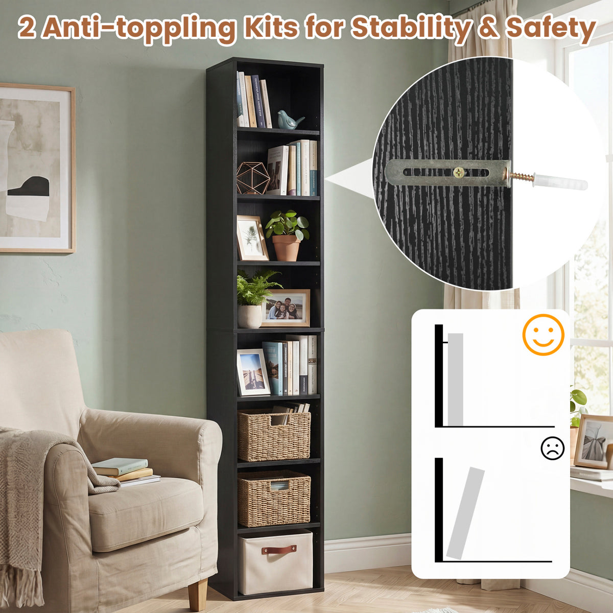 8-Tier Bookshelf with Adjustable Shelves and Storage Cubes - Black