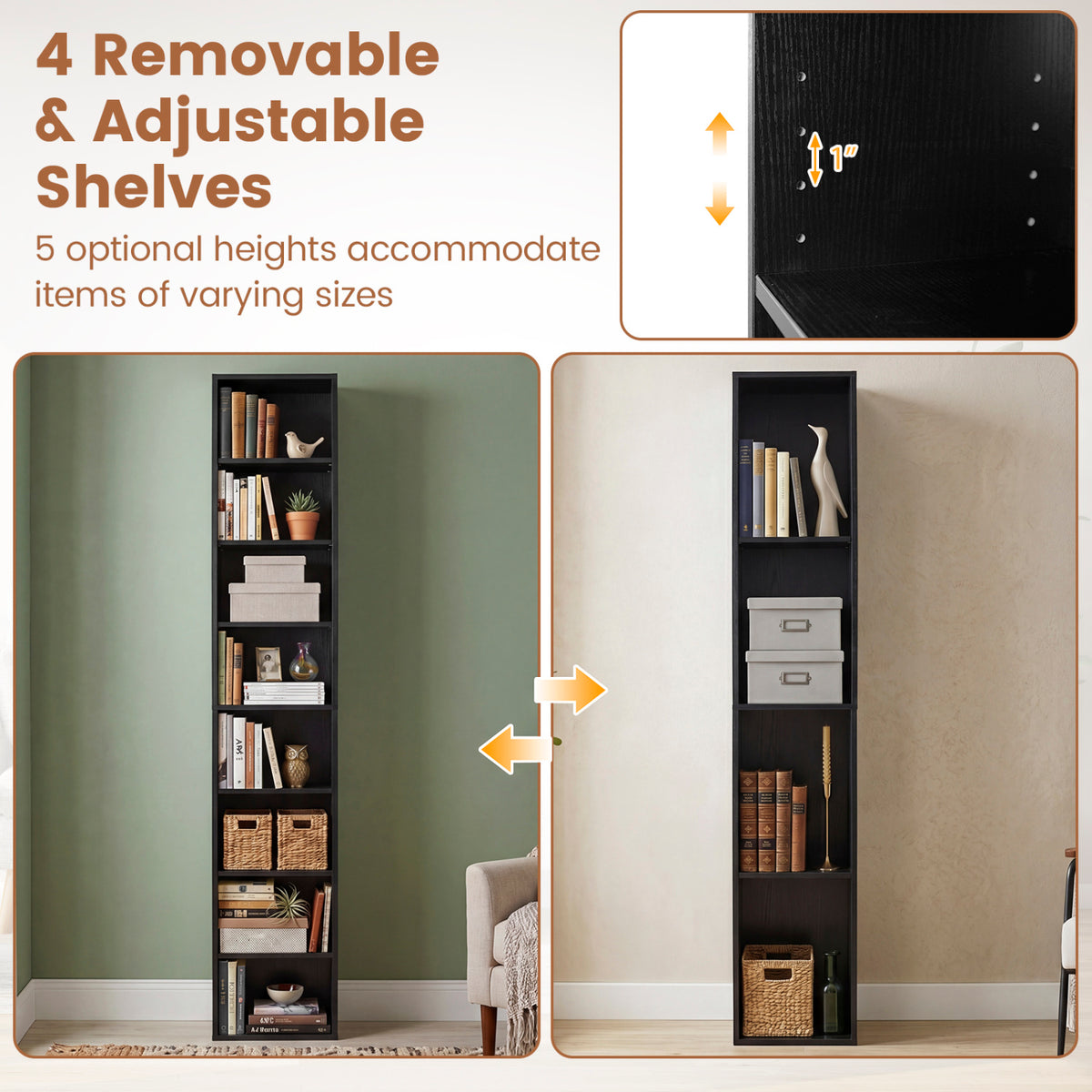 8-Tier Bookshelf with Adjustable Shelves and Storage Cubes - Black