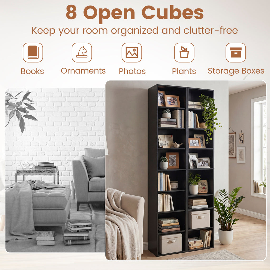 8-Tier Bookshelf with Adjustable Shelves and Storage Cubes - Black