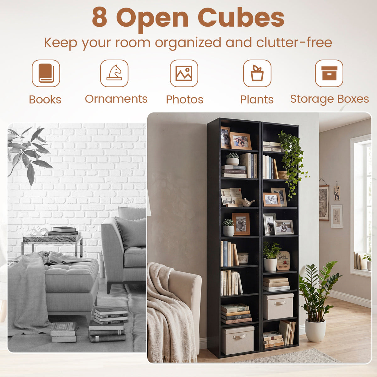 8-Tier Bookshelf with Adjustable Shelves and Storage Cubes - Black