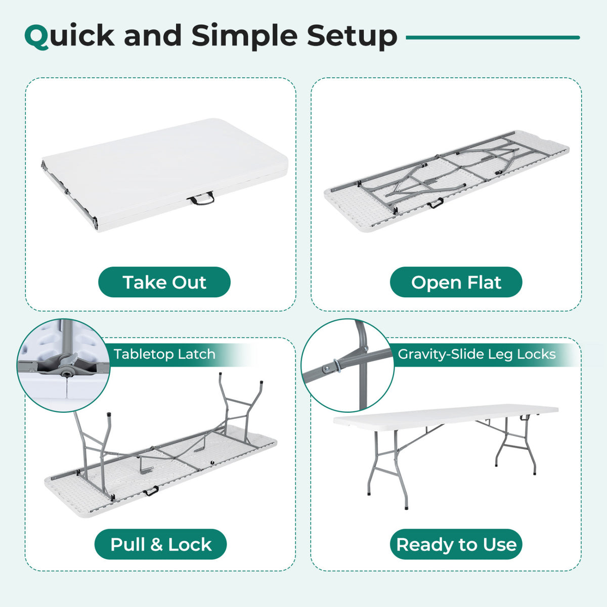 8 ft Portable Folding Table 350 LBS Capacity - White