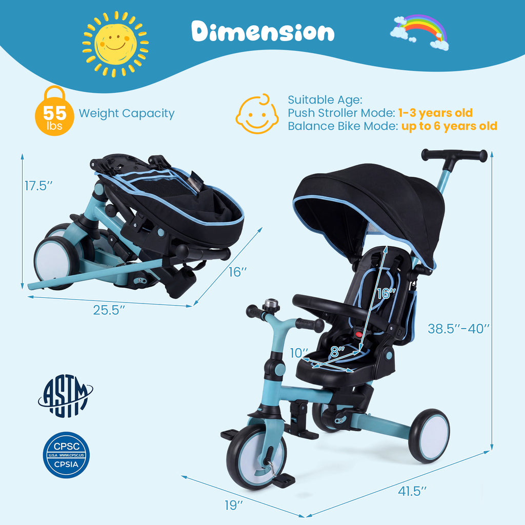 Blue 8-in-1 Kids Folding Tricycle with Removable Canopy & Push Handle