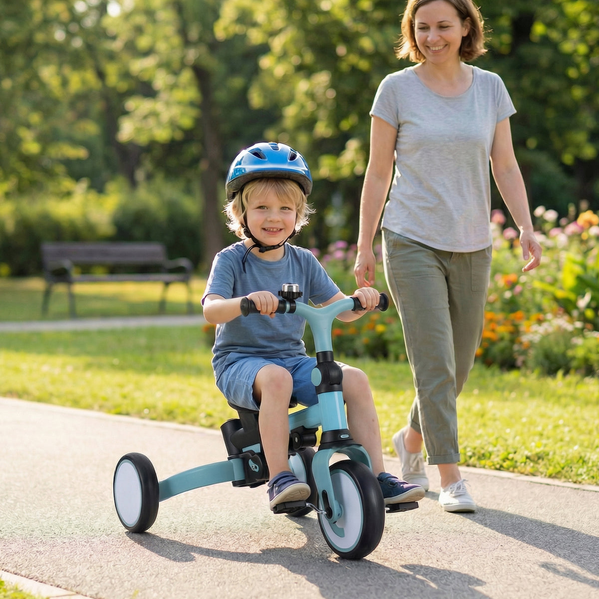 Blue 8-in-1 Kids Folding Tricycle with Removable Canopy & Push Handle