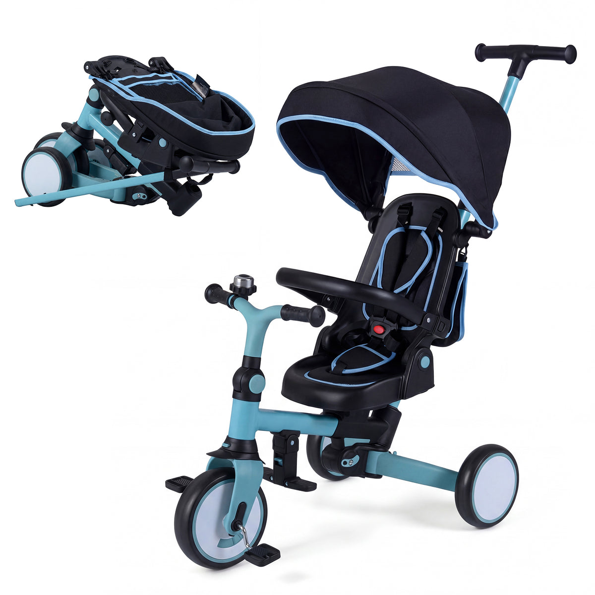Blue 8-in-1 Kids Folding Tricycle with Removable Canopy & Push Handle
