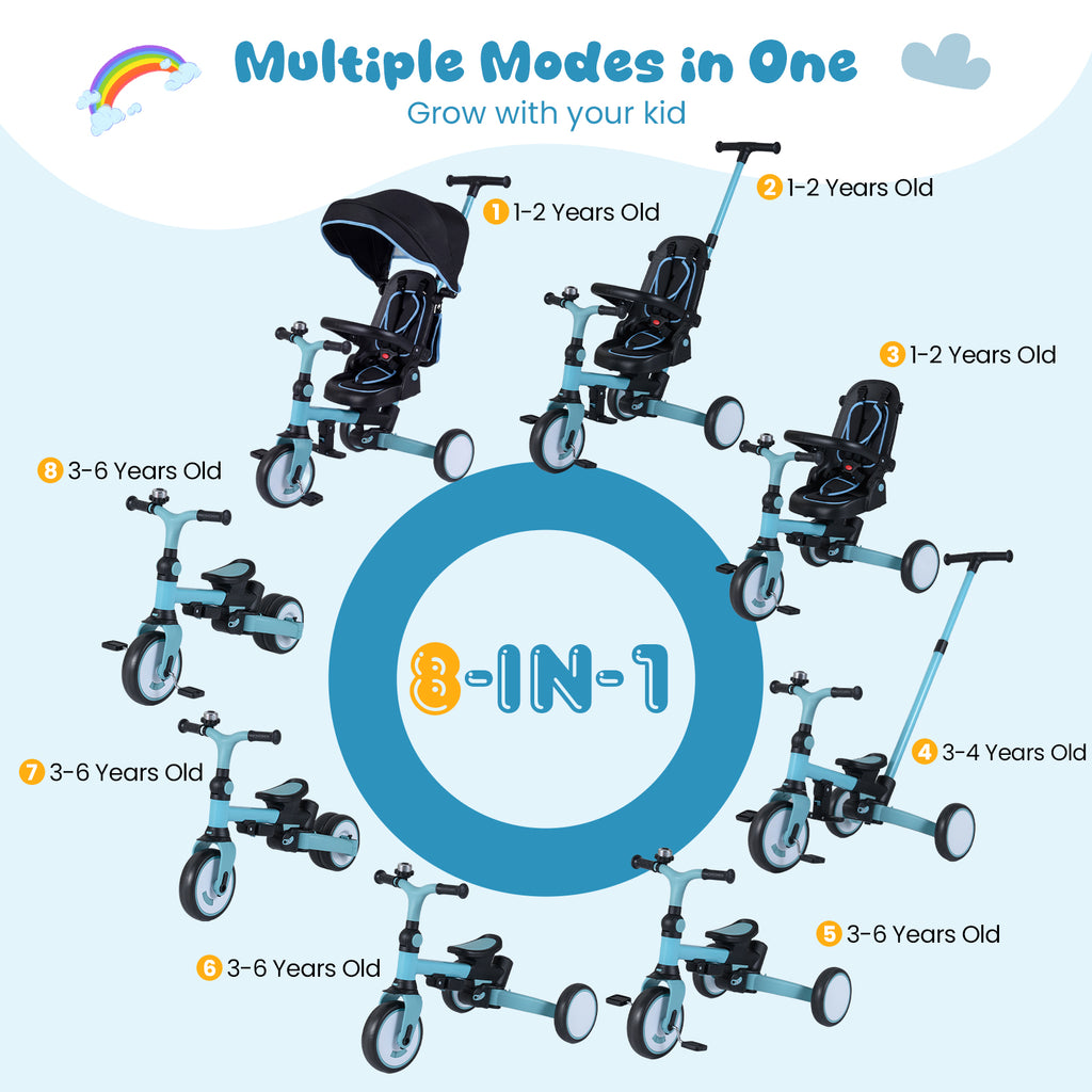 Blue 8-in-1 Kids Folding Tricycle with Removable Canopy & Push Handle