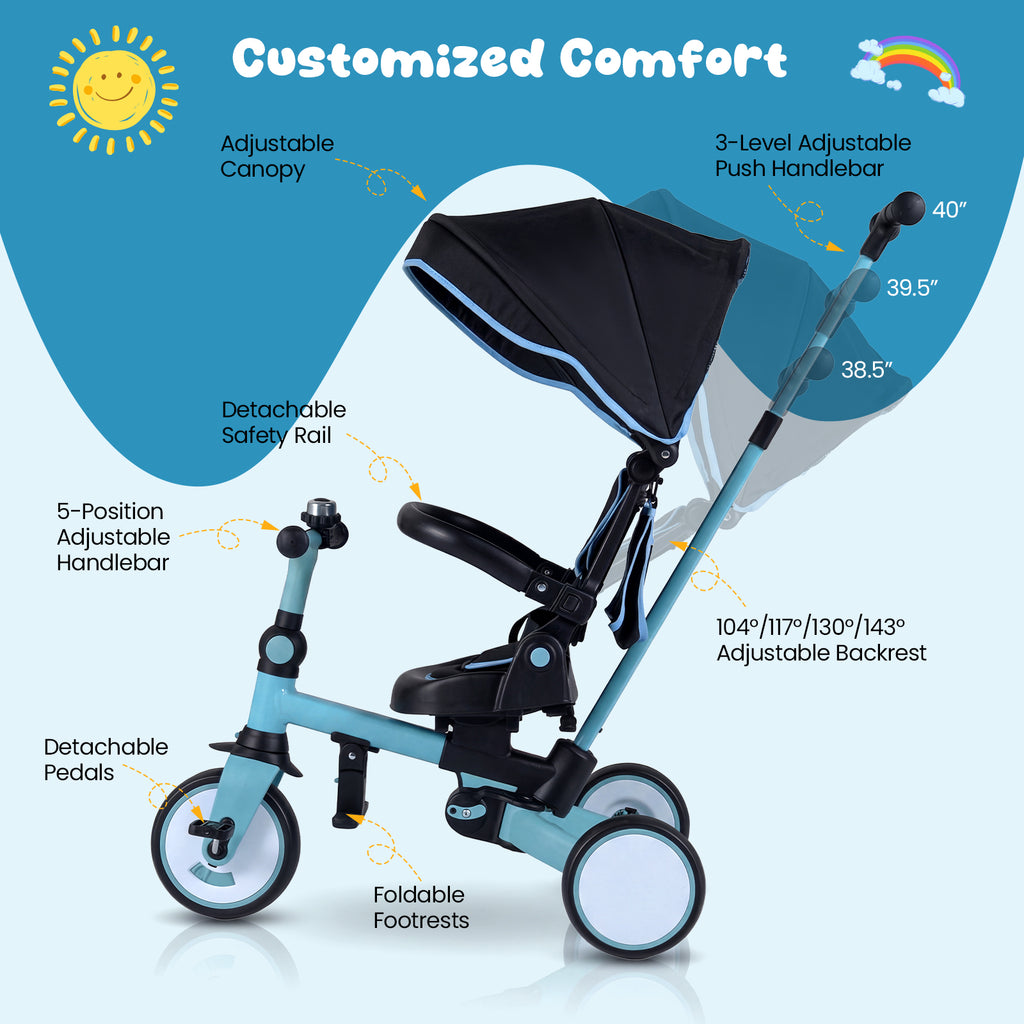 Blue 8-in-1 Kids Folding Tricycle with Removable Canopy & Push Handle