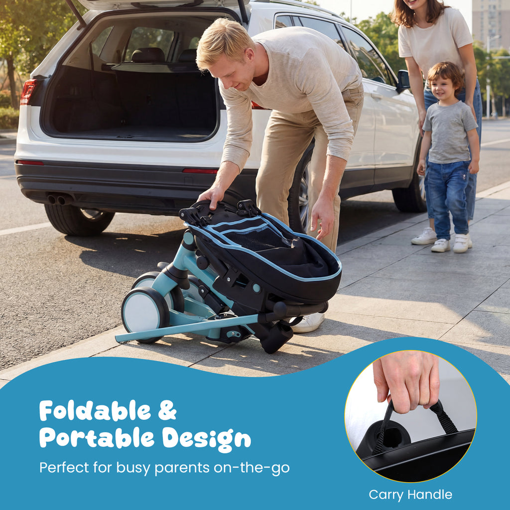 Blue 8-in-1 Kids Folding Tricycle with Removable Canopy & Push Handle