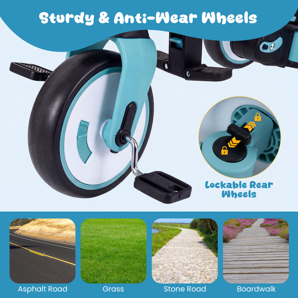 Blue 8-in-1 Kids Folding Tricycle with Removable Canopy & Push Handle