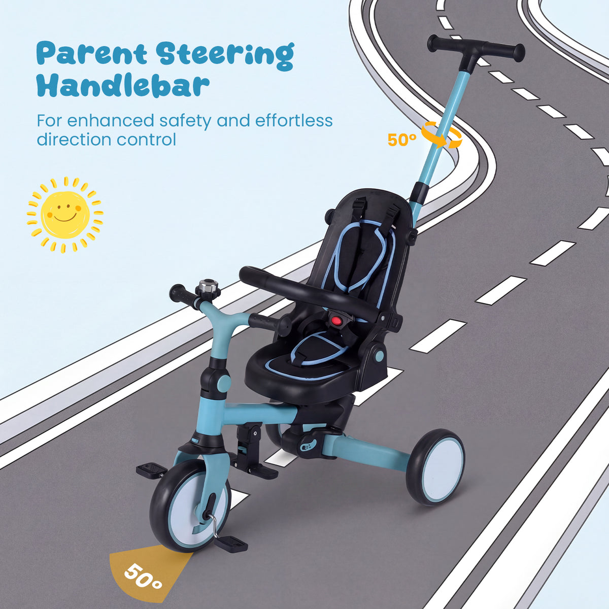 Blue 8-in-1 Kids Folding Tricycle with Removable Canopy & Push Handle