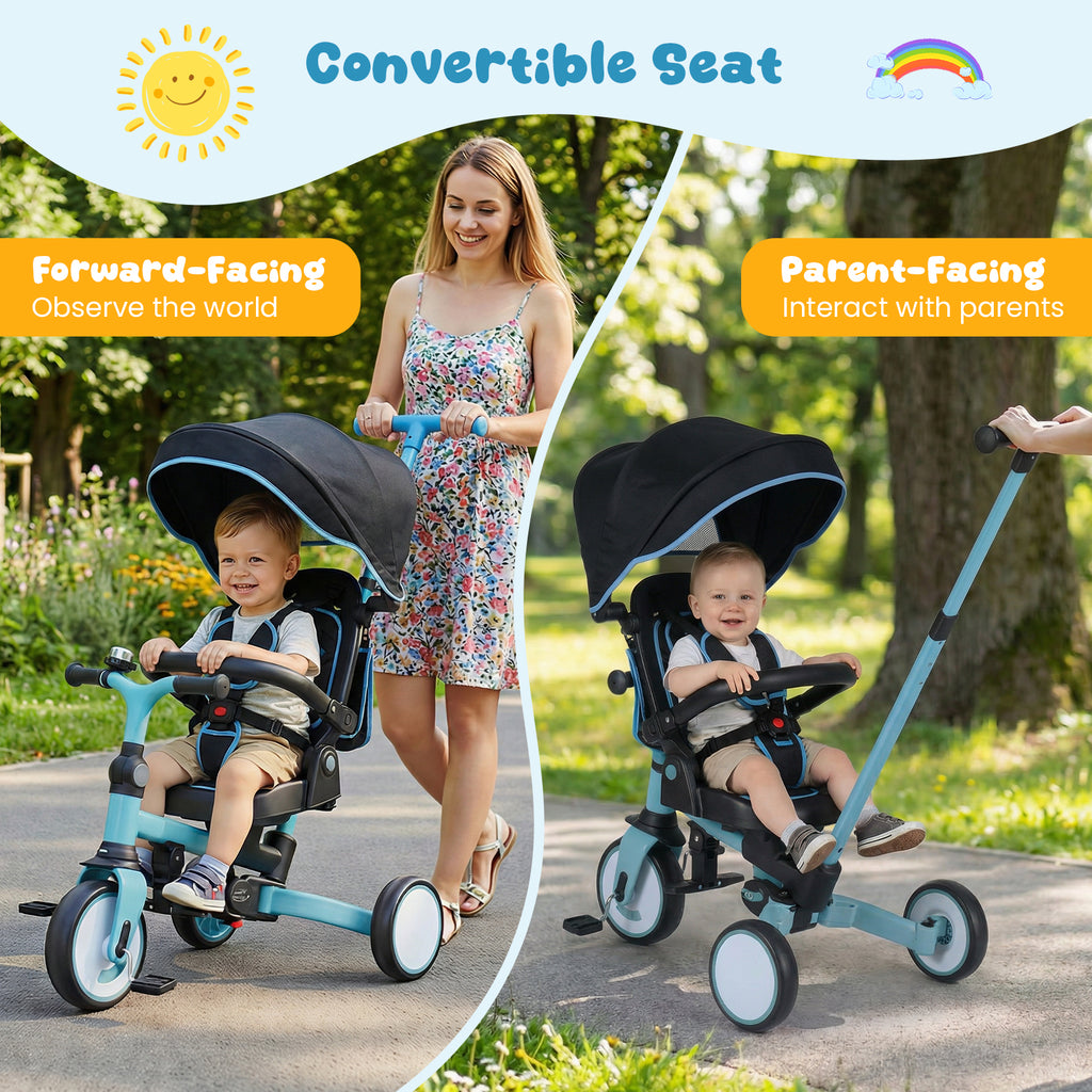 Blue 8-in-1 Kids Folding Tricycle with Removable Canopy & Push Handle