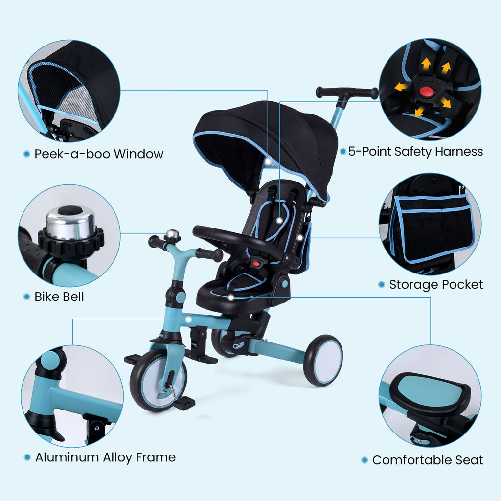Blue 8-in-1 Kids Folding Tricycle with Removable Canopy & Push Handle