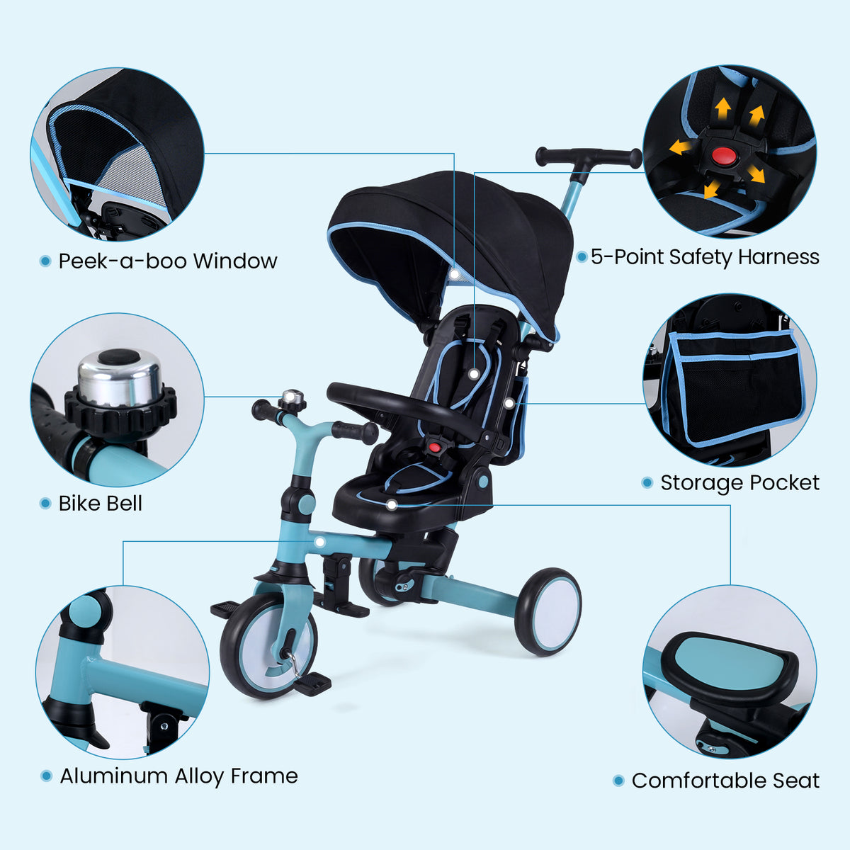 Blue 8-in-1 Kids Folding Tricycle with Removable Canopy & Push Handle