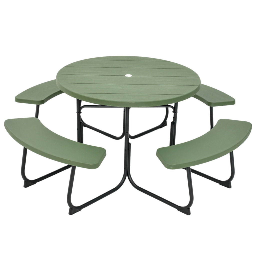 8-Person Round Picnic Table with 4 Benches & Umbrella Hole - 37" Black
