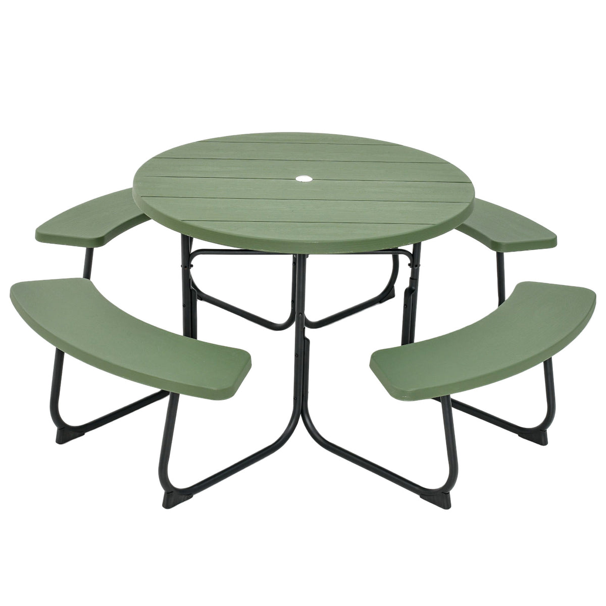 8-Person Round Picnic Table with 4 Benches & Umbrella Hole - 37" Black