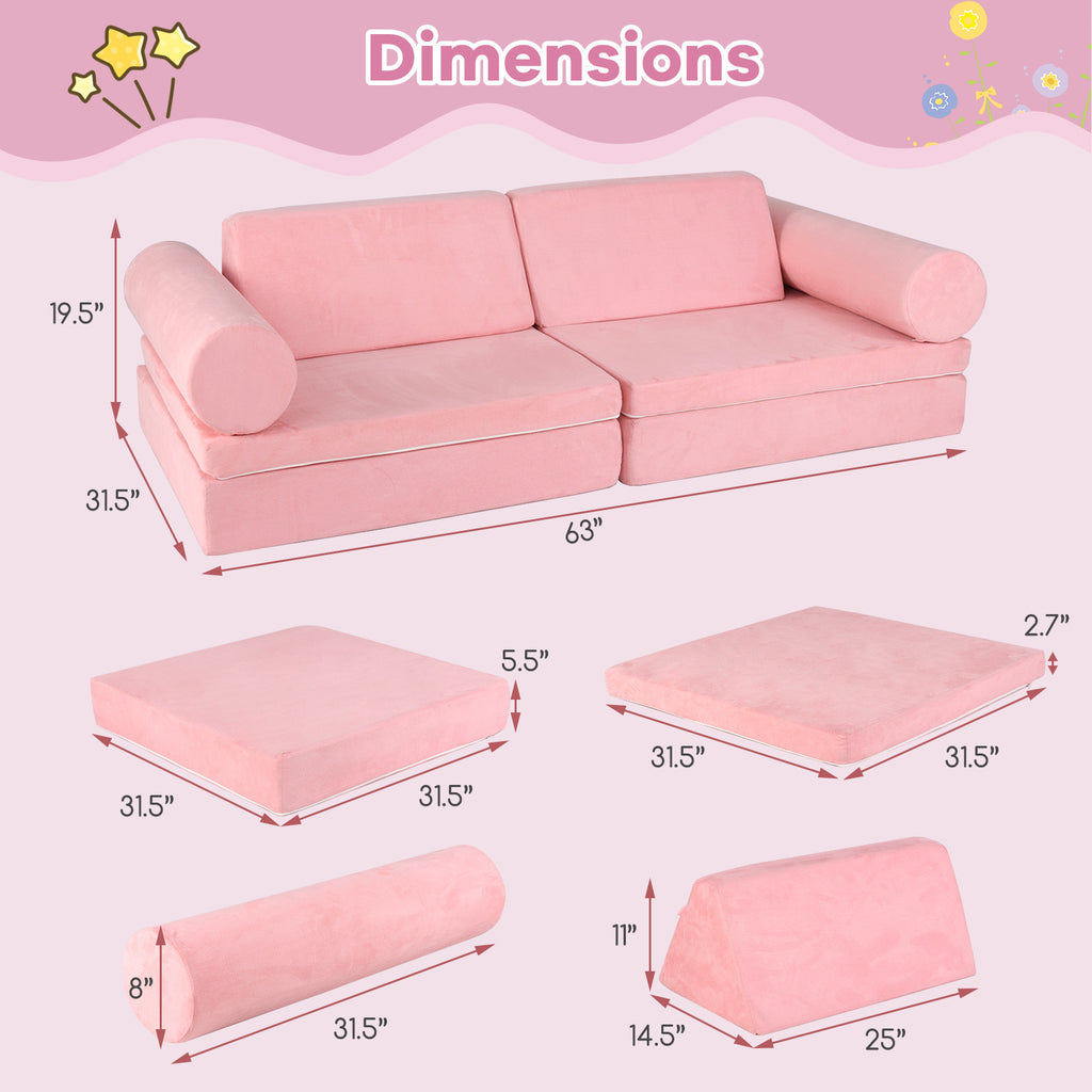 Pink Kids Play Couch Foam Building Fort Play Set - 8 Pieces, Suede Cover