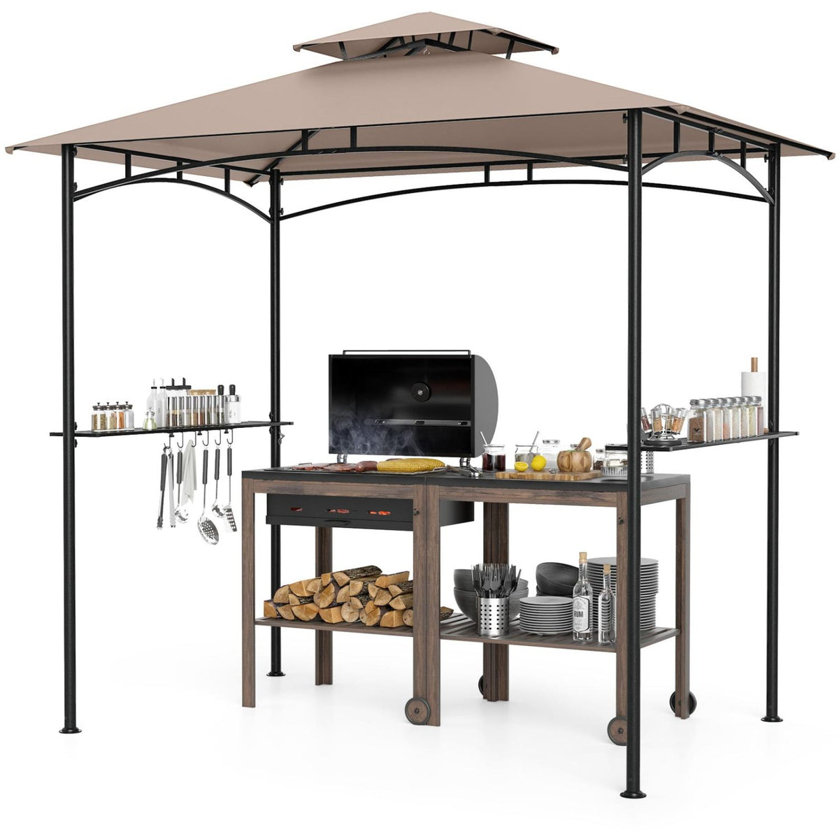 8 x 5 Feet Grill Gazebo with 2 Shelves 6 Hooks and Metal Frame