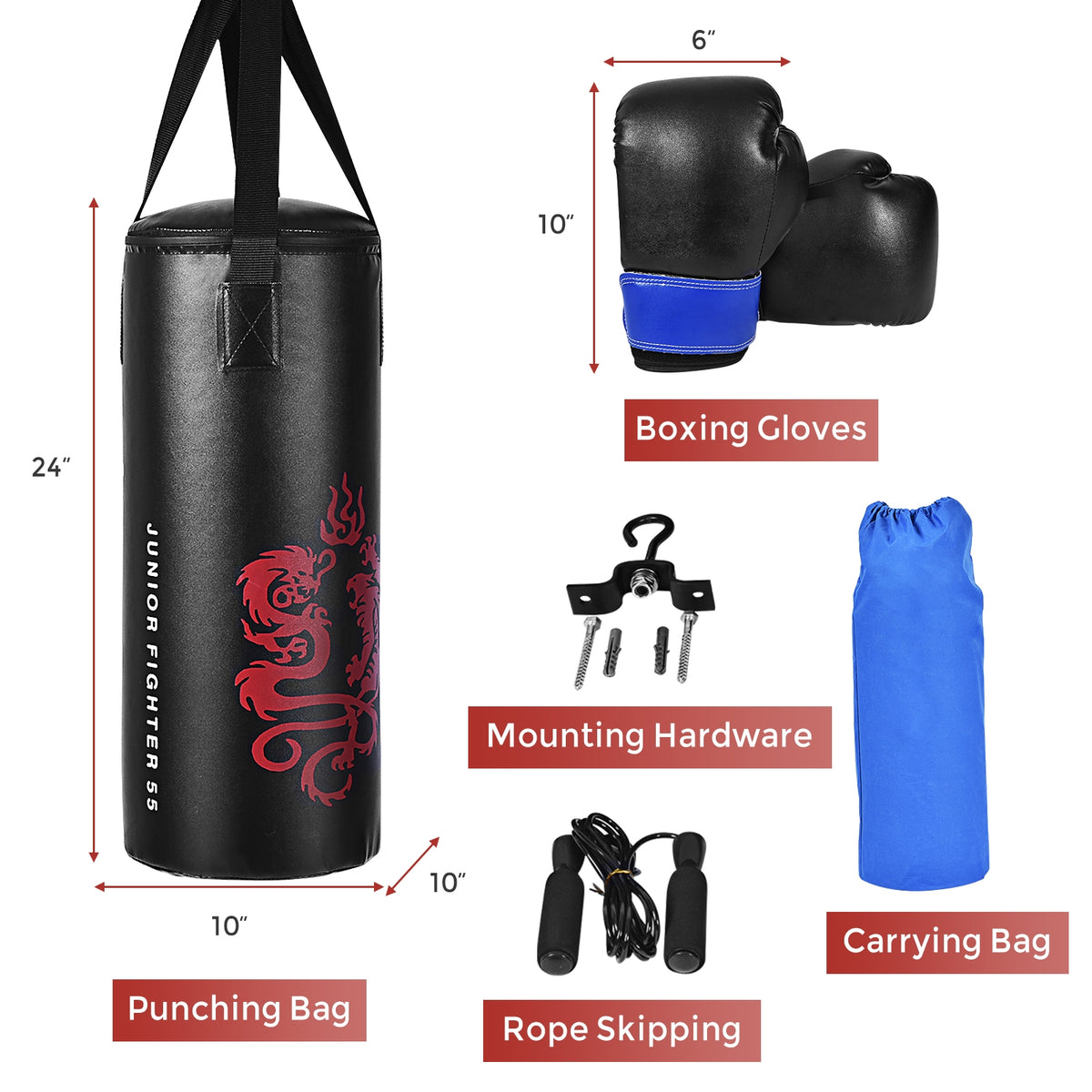 Kids Boxing & Skipping Rope Set with Punch Bag & Gloves - Teenager 24 Inch Variation