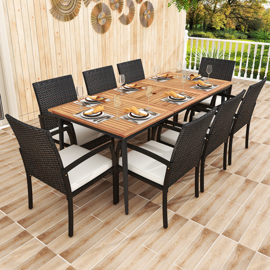 9-Piece Patio Dining Set with Umbrella Hole, Acacia Wood Table & Rattan Chairs - Style B