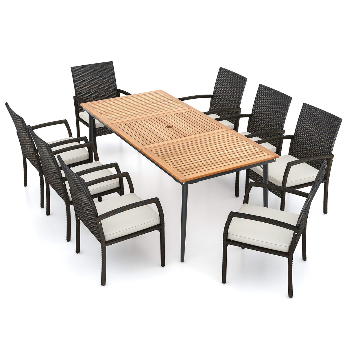 9-Piece Patio Dining Set with Umbrella Hole, Acacia Wood Table & Rattan Chairs - Style B