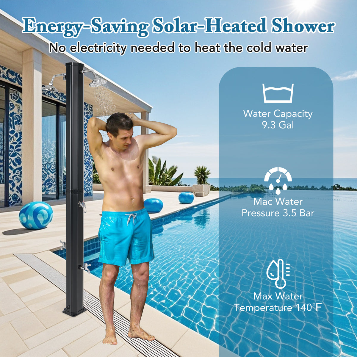 Solar Outdoor Shower with Dual Heads - 9.3 Gallon, Black