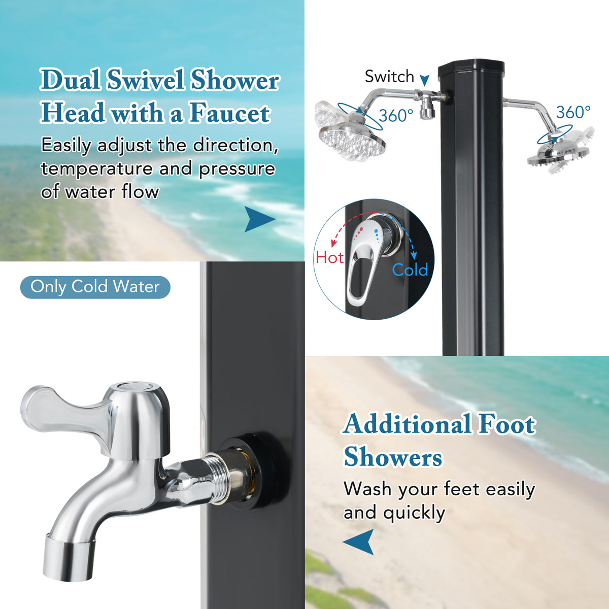 Solar Outdoor Shower with Dual Heads - 9.3 Gallon, Black