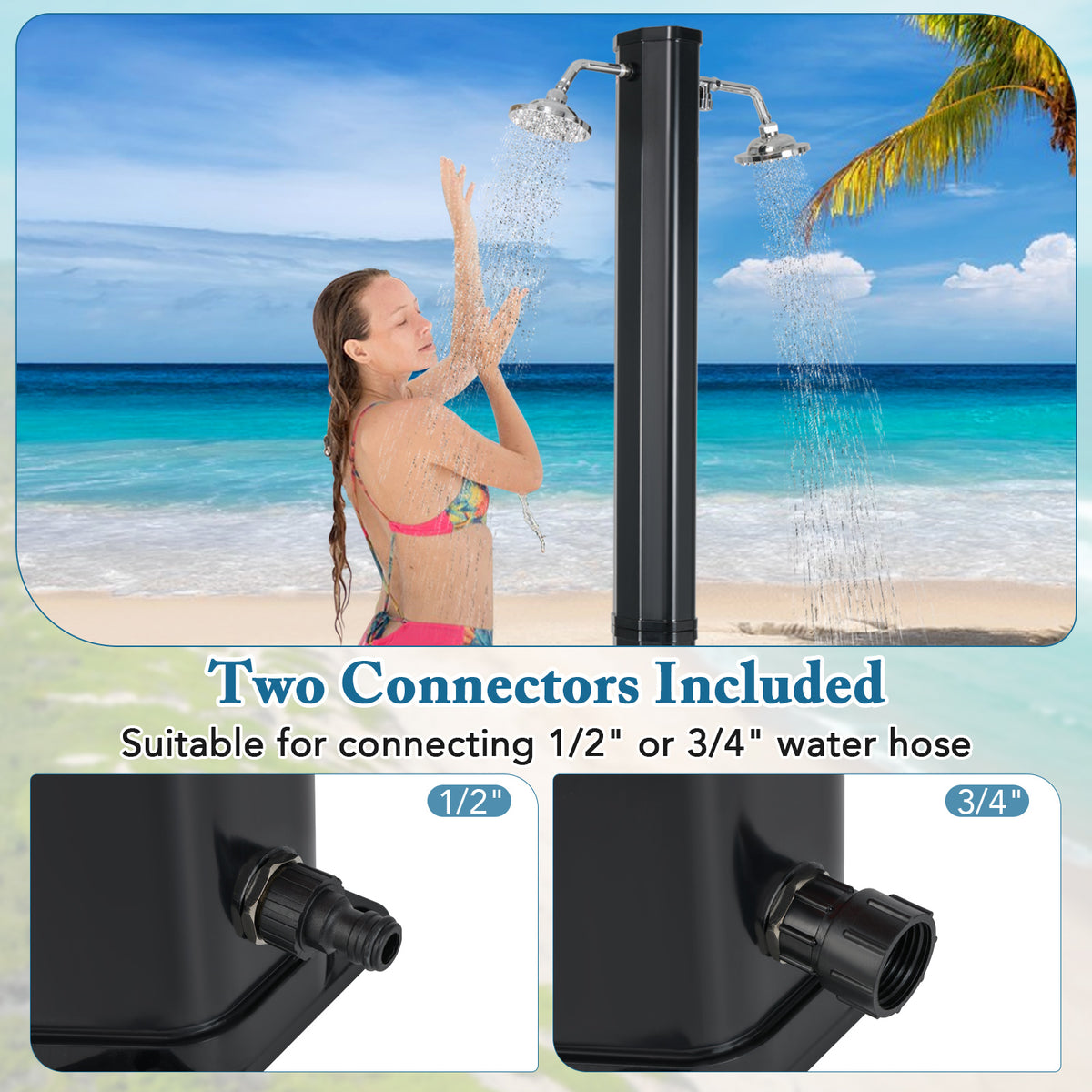 Solar Outdoor Shower with Dual Heads - 9.3 Gallon, Black