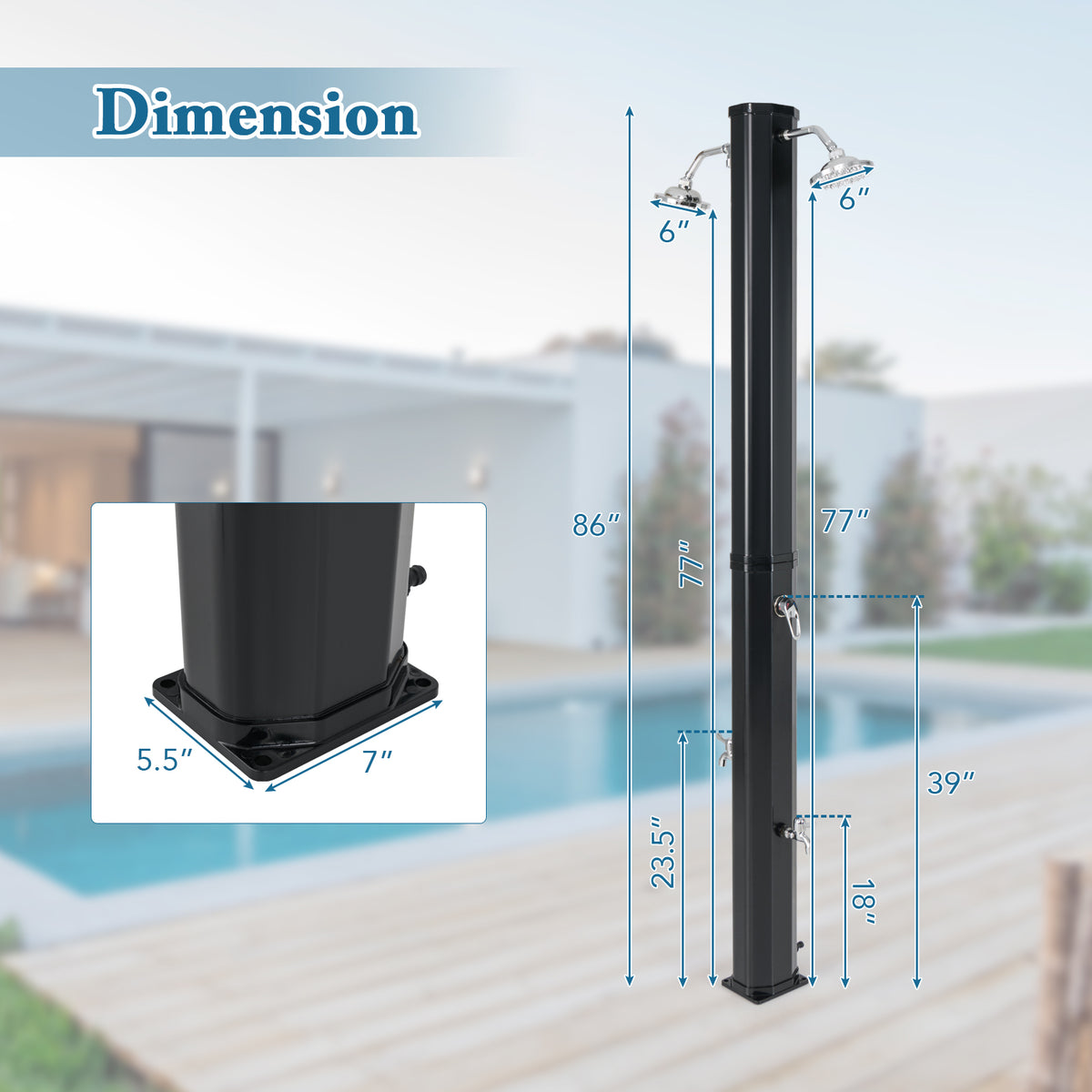 Solar Outdoor Shower with Dual Heads - 9.3 Gallon, Black