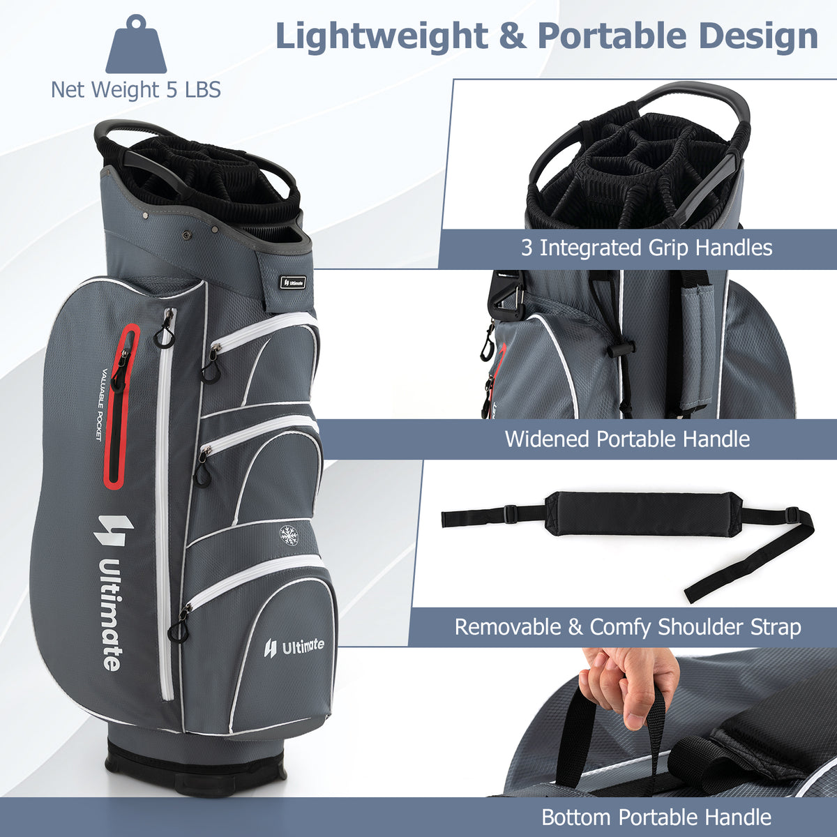 Lightweight 9.5 Inch Golf Cart Bag with 15-Way Top Dividers - Red, Includes Rain Hood