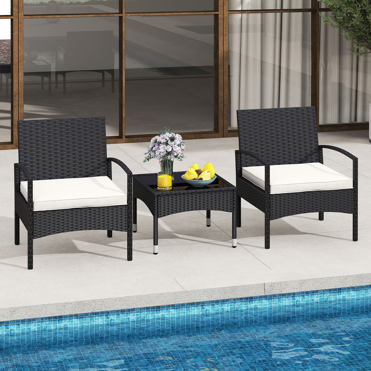 3-Piece Rattan Patio Bistro Set with Cushions - Beige