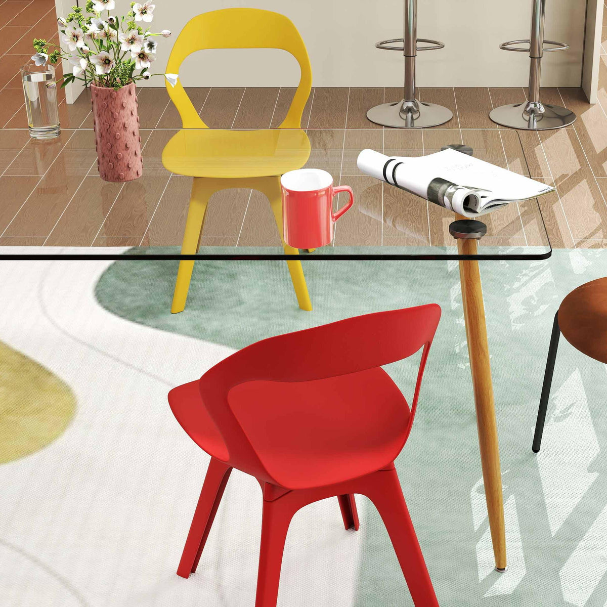 4-Piece Modern Dining Set with Glass Table and Bar Stools