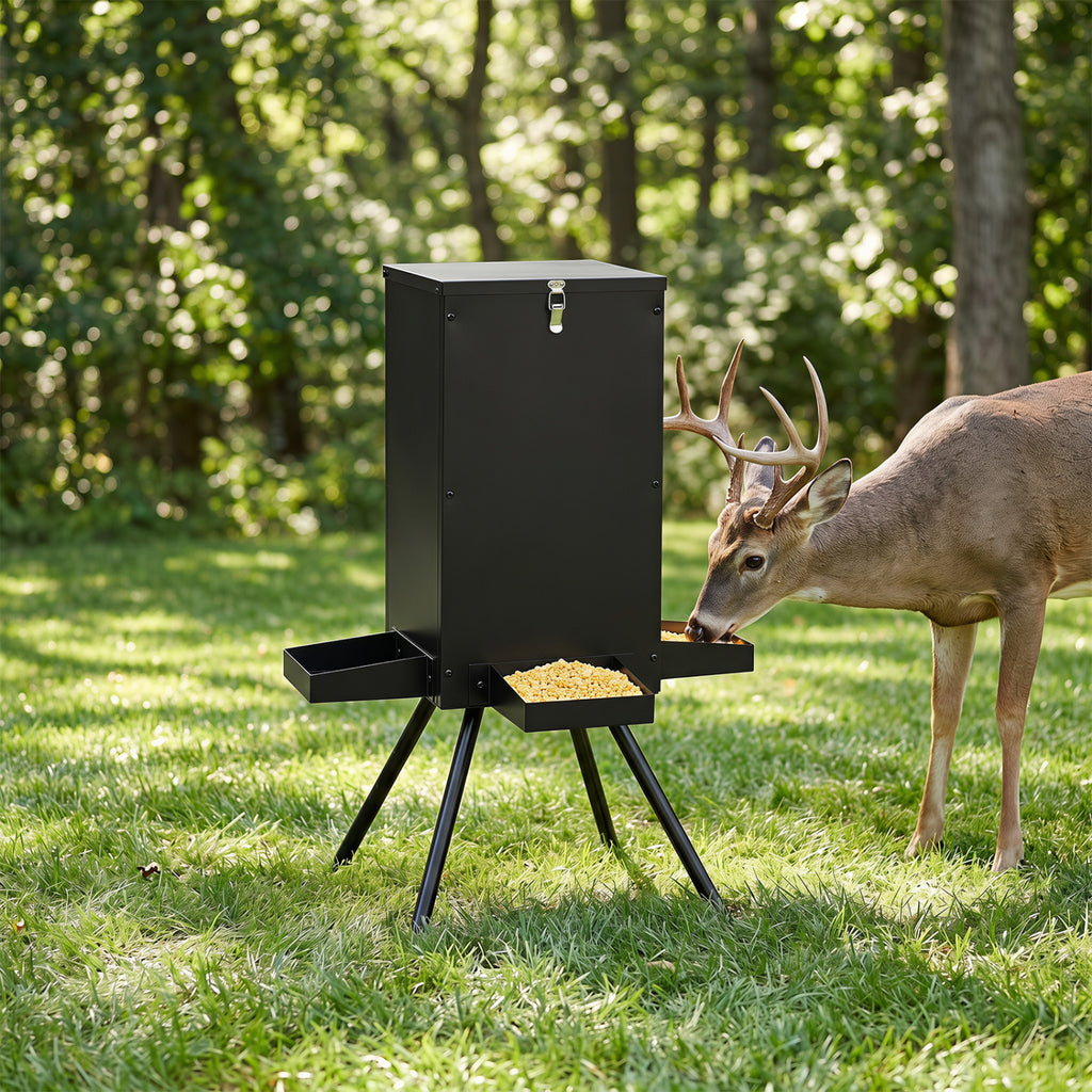 Gravity Deer Feeder with 4 Trays and 4-Leg Stand – Black, 90lb Capacity