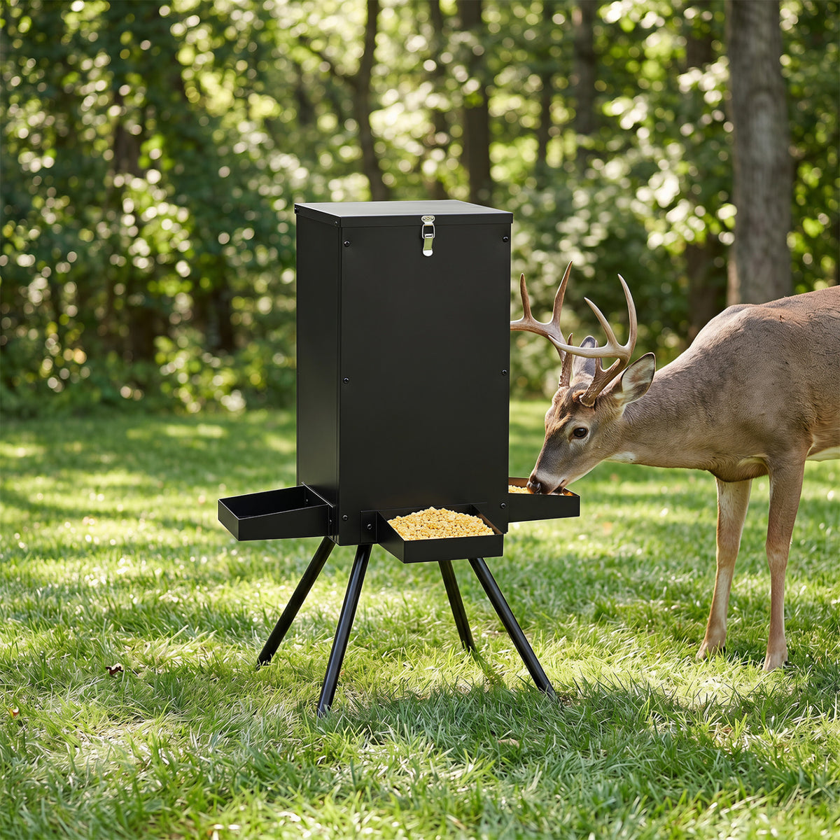 Gravity Deer Feeder with 4 Trays and 4-Leg Stand – Black, 90lb Capacity