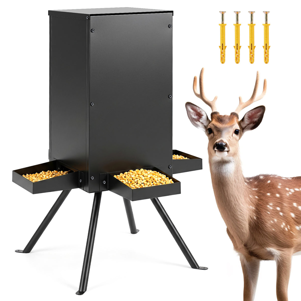 Gravity Deer Feeder with 4 Trays and 4-Leg Stand – Black, 90lb Capacity