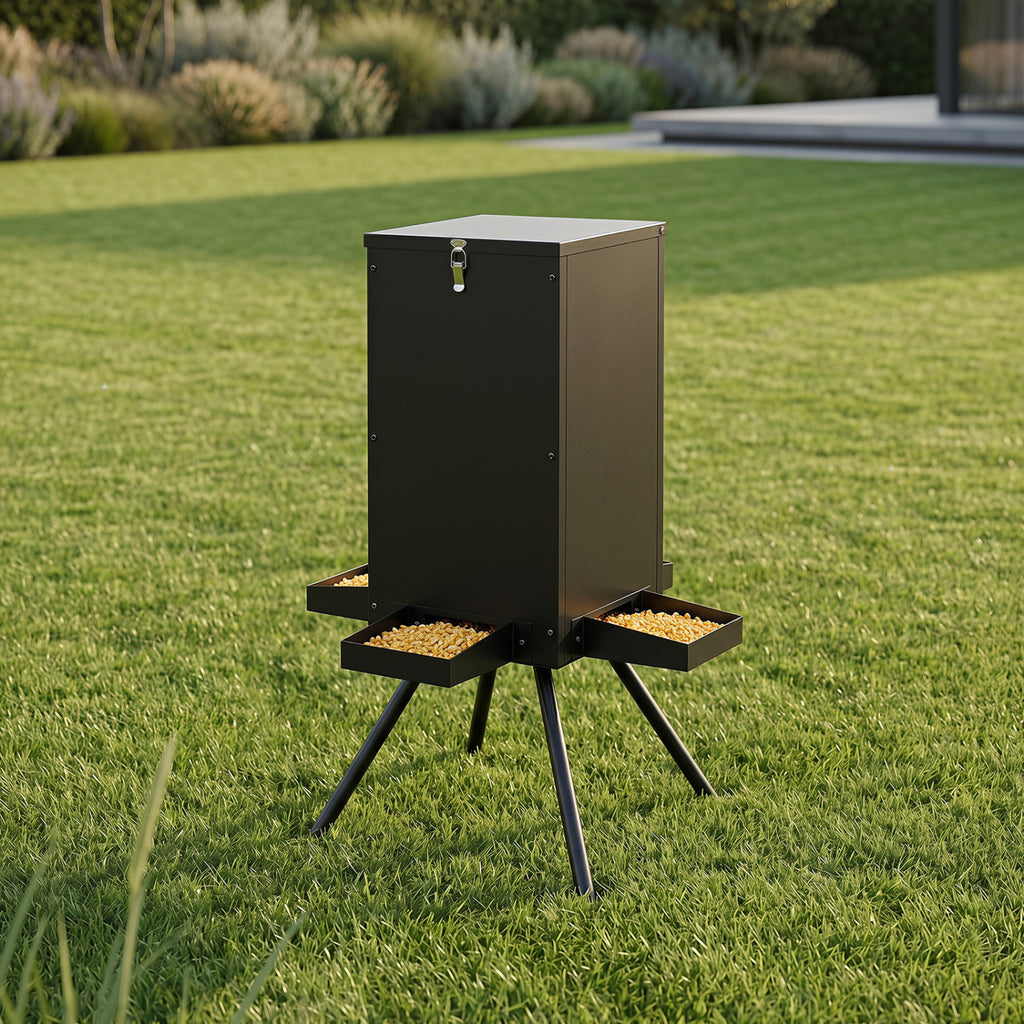 Gravity Deer Feeder with 4 Trays and 4-Leg Stand – Black, 90lb Capacity