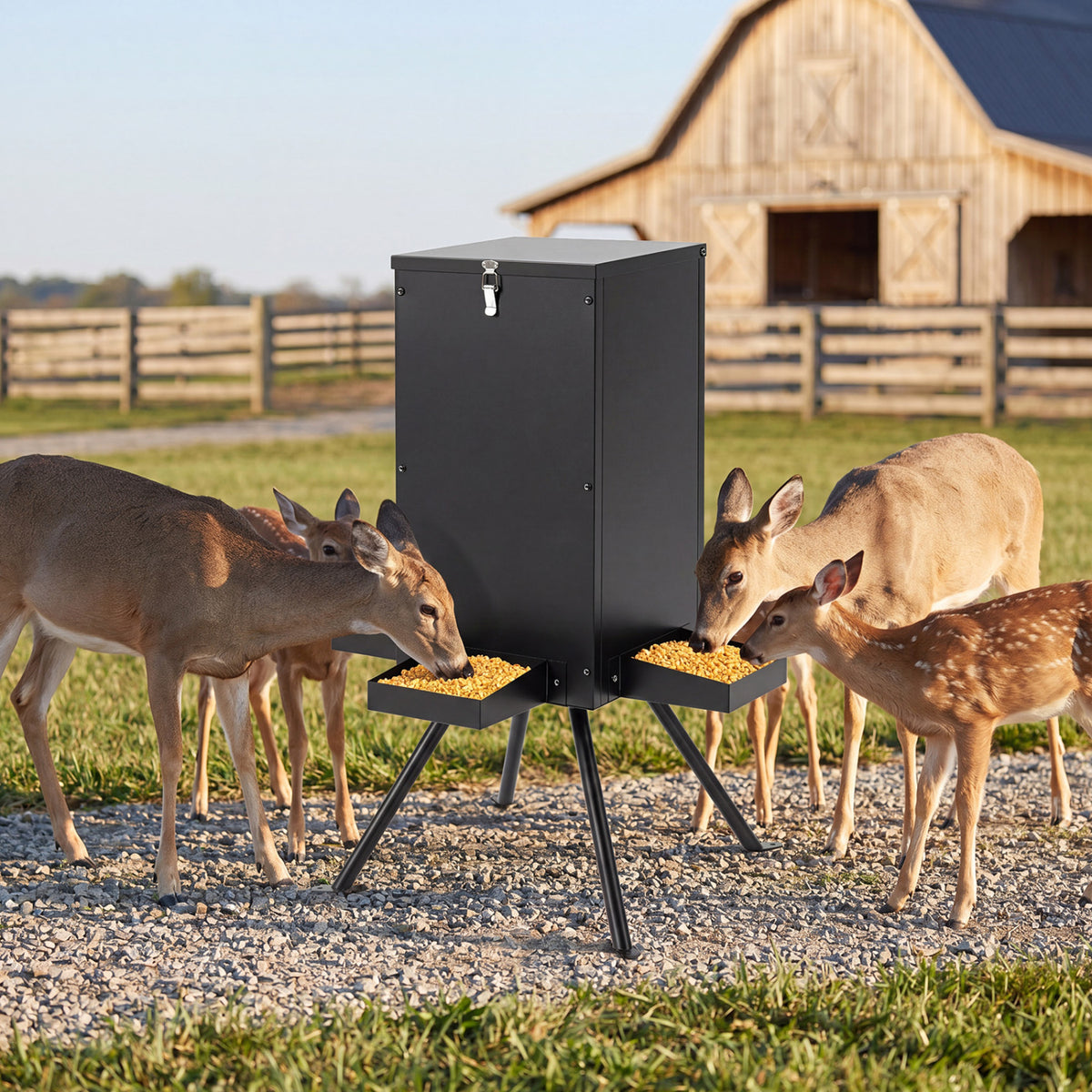 Gravity Deer Feeder with 4 Trays and 4-Leg Stand – Black, 90lb Capacity