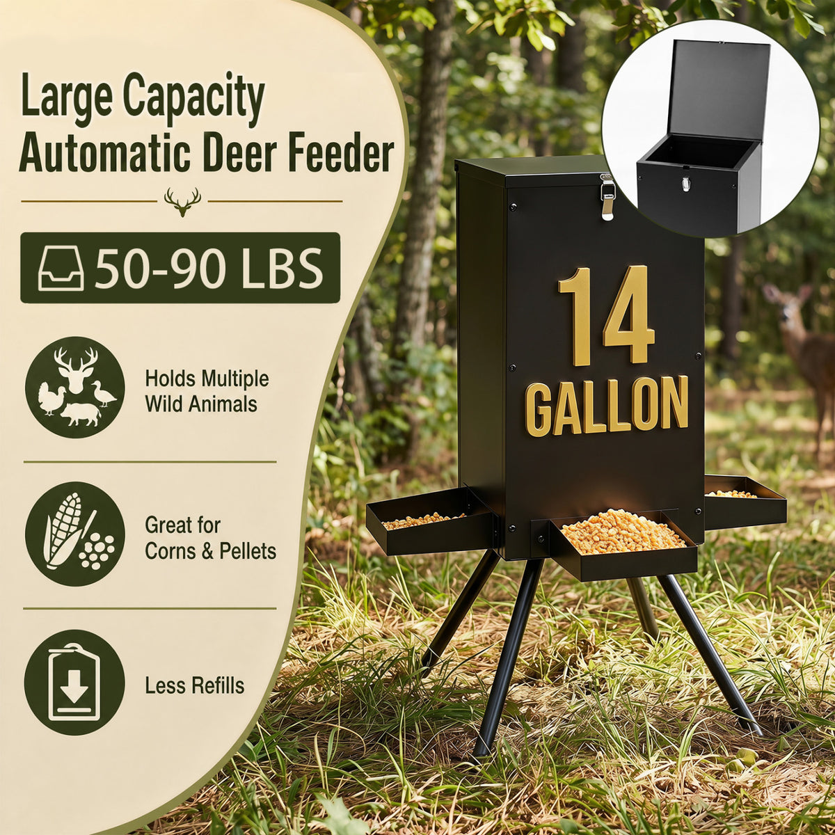 Gravity Deer Feeder with 4 Trays and 4-Leg Stand – Black, 90lb Capacity