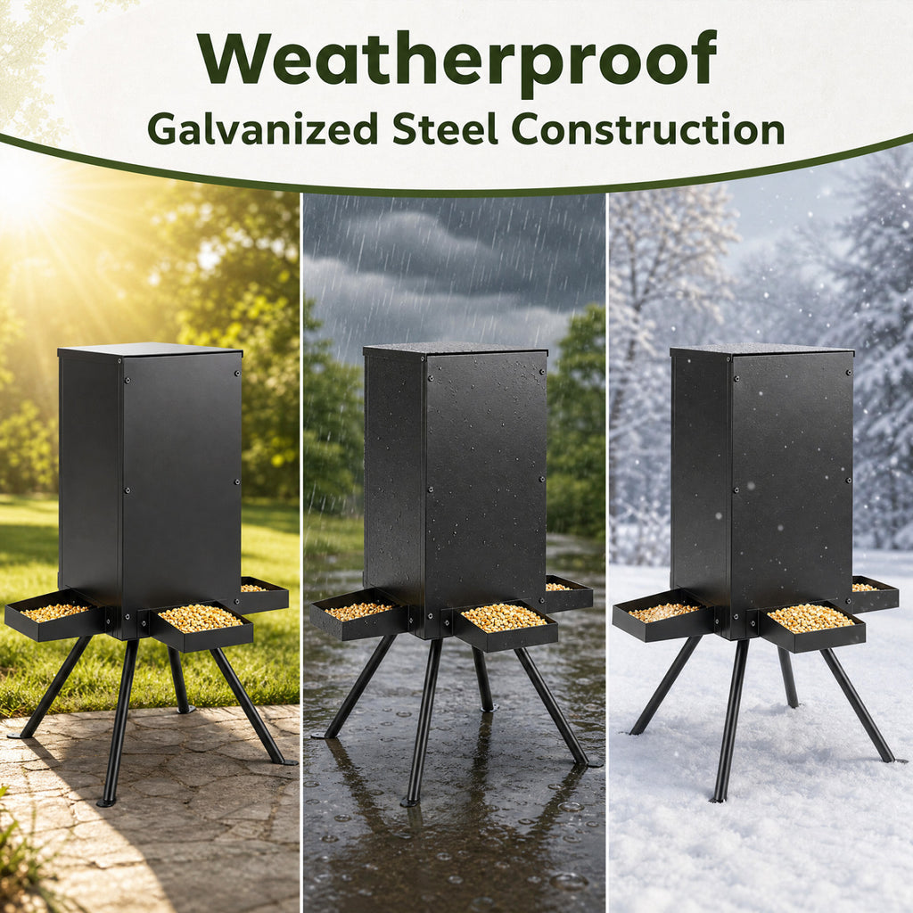 Gravity Deer Feeder with 4 Trays and 4-Leg Stand – Black, 90lb Capacity