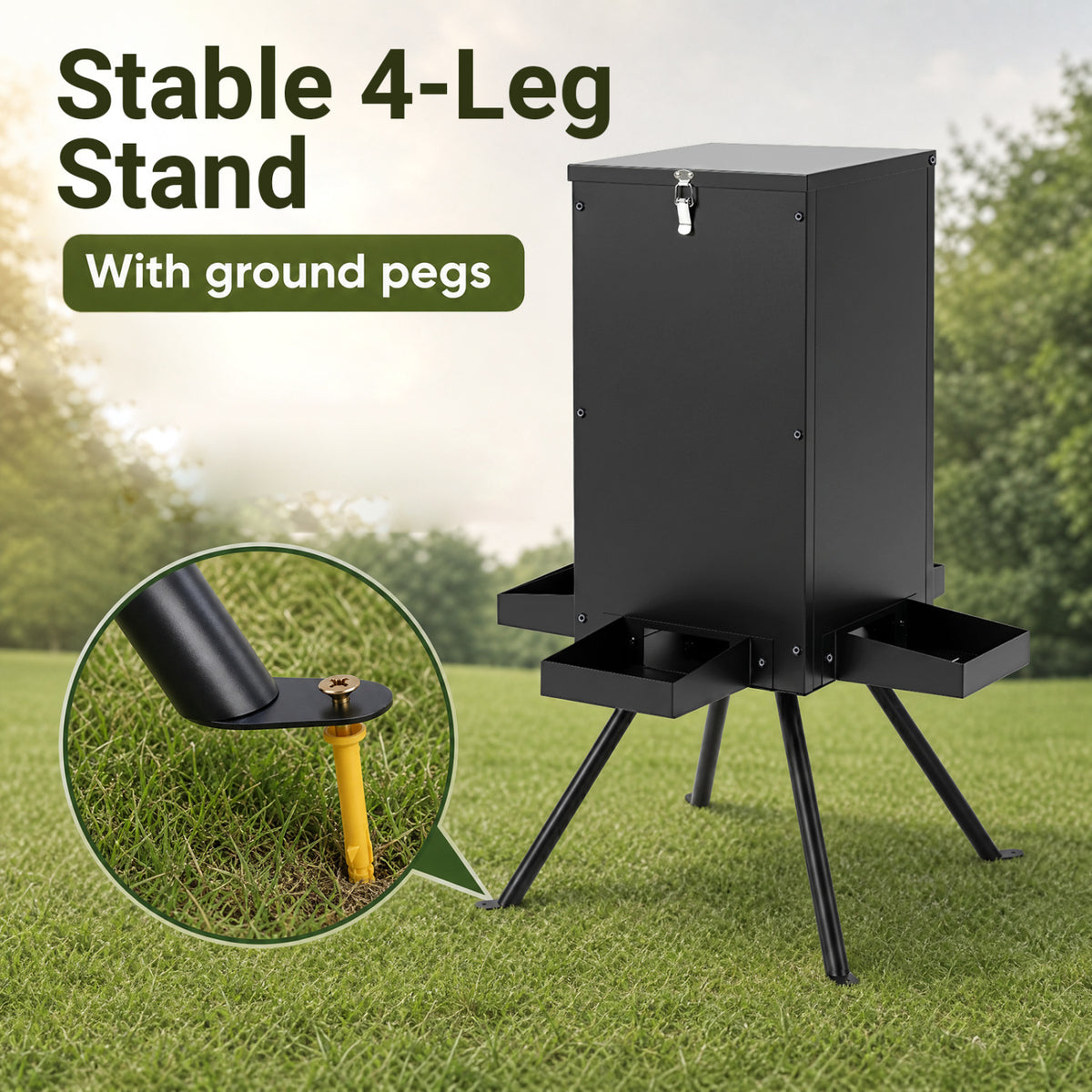 Gravity Deer Feeder with 4 Trays and 4-Leg Stand – Black, 90lb Capacity