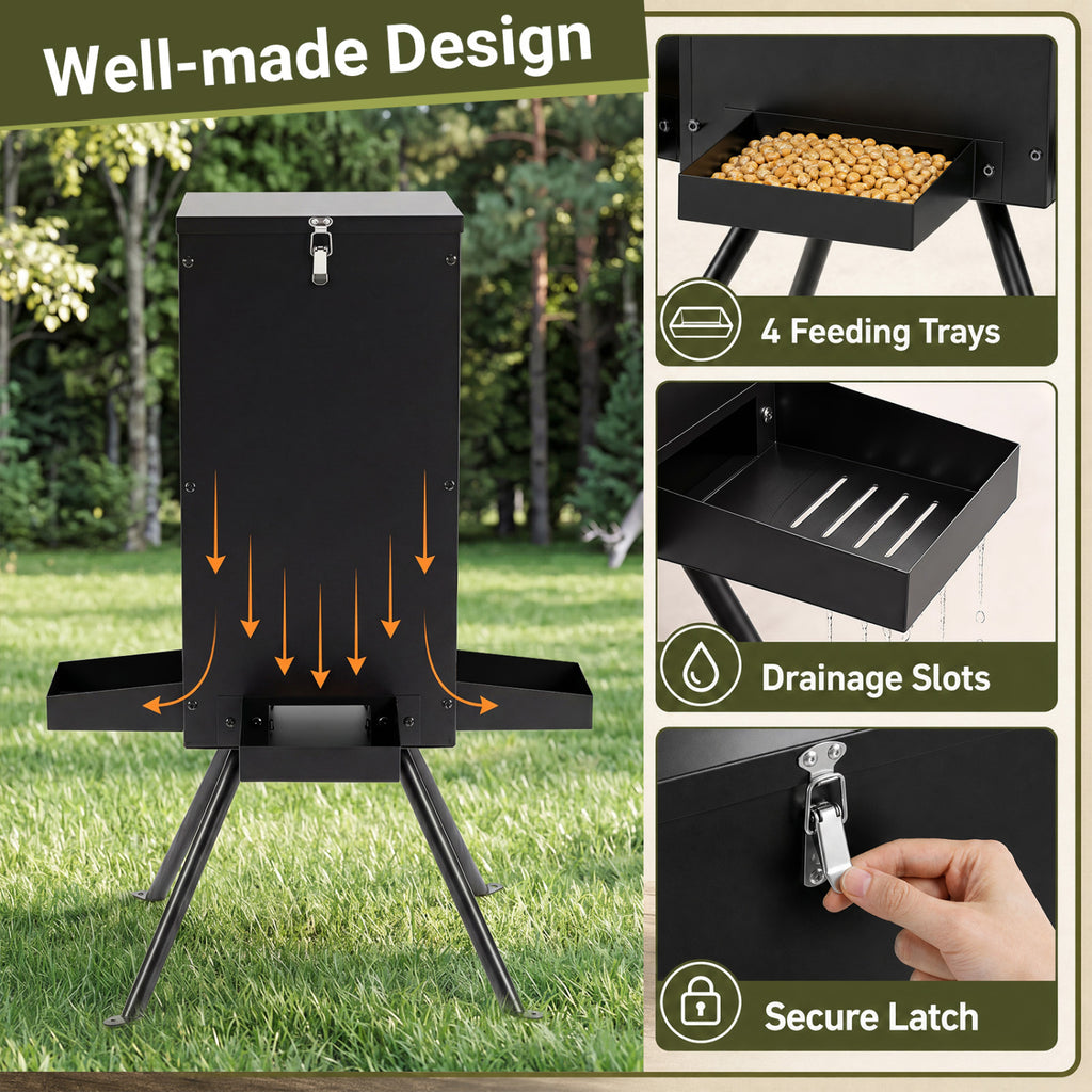 Gravity Deer Feeder with 4 Trays and 4-Leg Stand – Black, 90lb Capacity