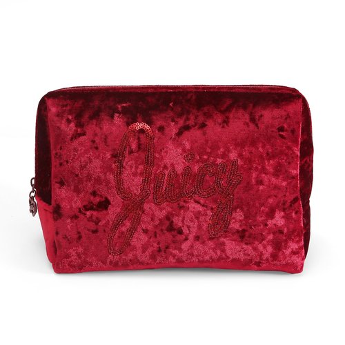 Juicy Couture Red Makeup Bag Cosmetics Organizer Travel Essentials Zip Top Wedge Crushed Velvet Sequin Logo