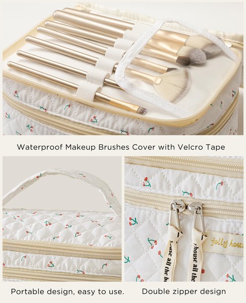 HBselect 2Pcs Travel Makeup Bag, Large Cotton Quilted Makeup Bag Cosmetic Bag Cute Make up Bag Toiletry Bags for Women Girls