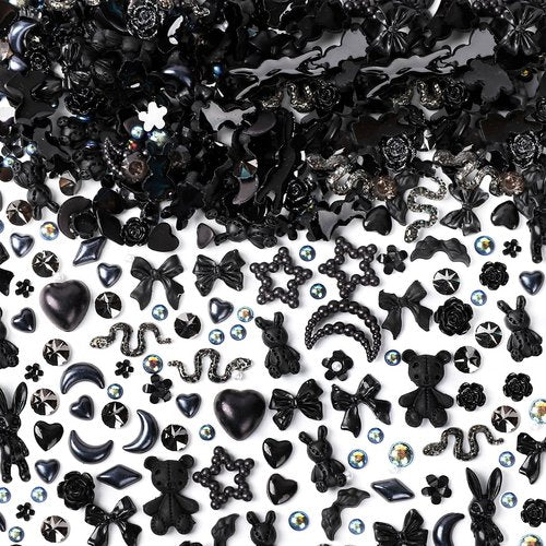 COOSLIM 110 Pieces 3D Nail Charms for Acrylic Nails, Camellia Rose Flower Butterfly Bowknot Heart Bear Rabbit Star Charms for Nail Art Designs DIY Accessories Craft(Black+2)